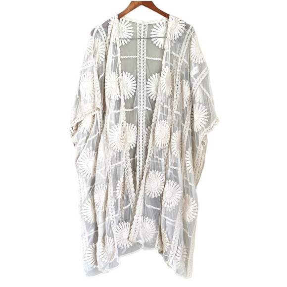 Sweaters - Crochet Cotton Blend Mesh Floral Sheer Oversized Bohemian Kimono Cream One Size